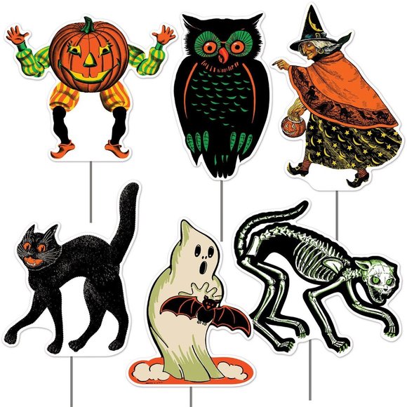 6 Retro Plastic Halloween Yard Signs Cat Witch Pumpkin Vintage Style by Beistle - Picture 1 of 1